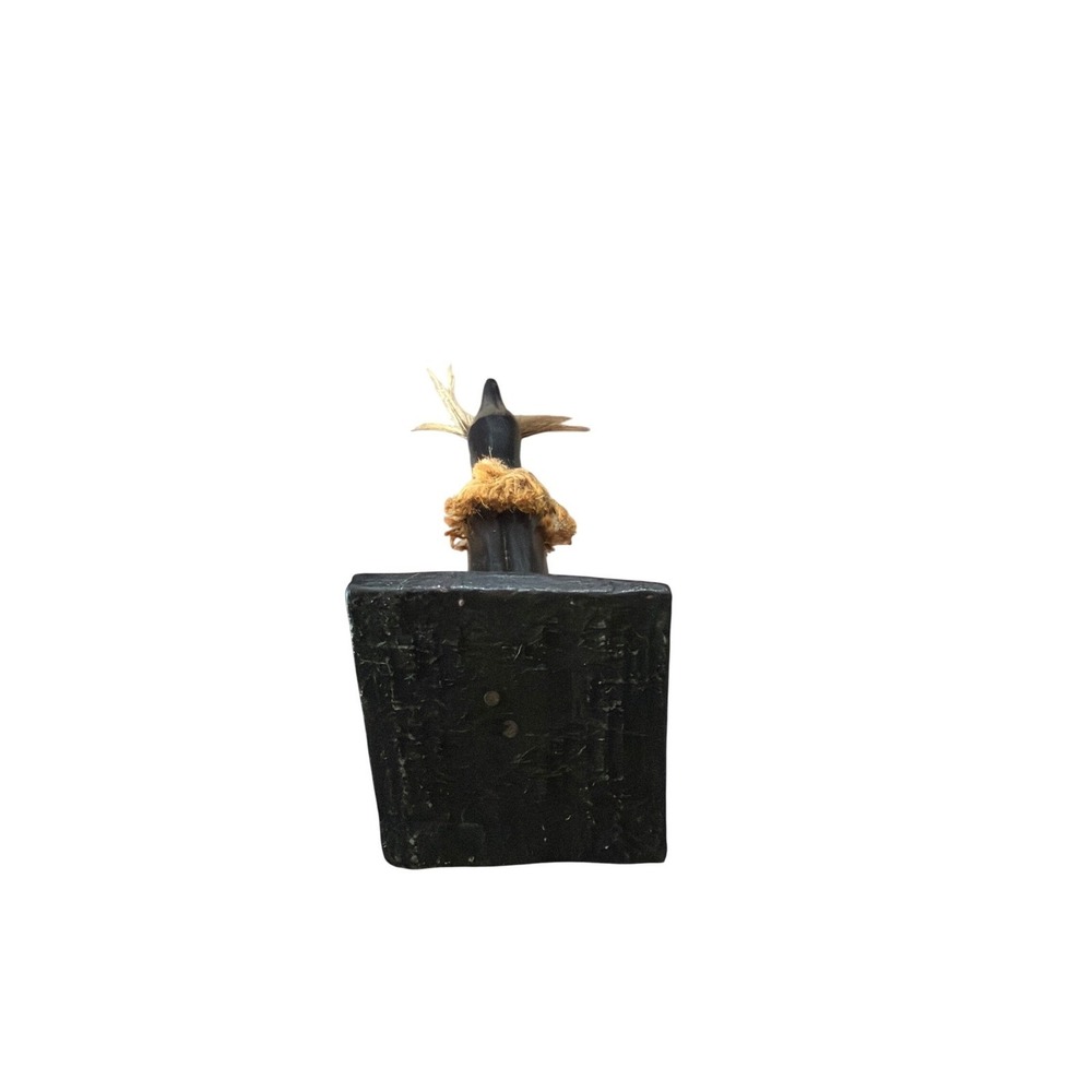 African Style Hand Carved Dark Wood Statue Thinking Man Pot Belly Feathers Twine - Picture 4 of 7